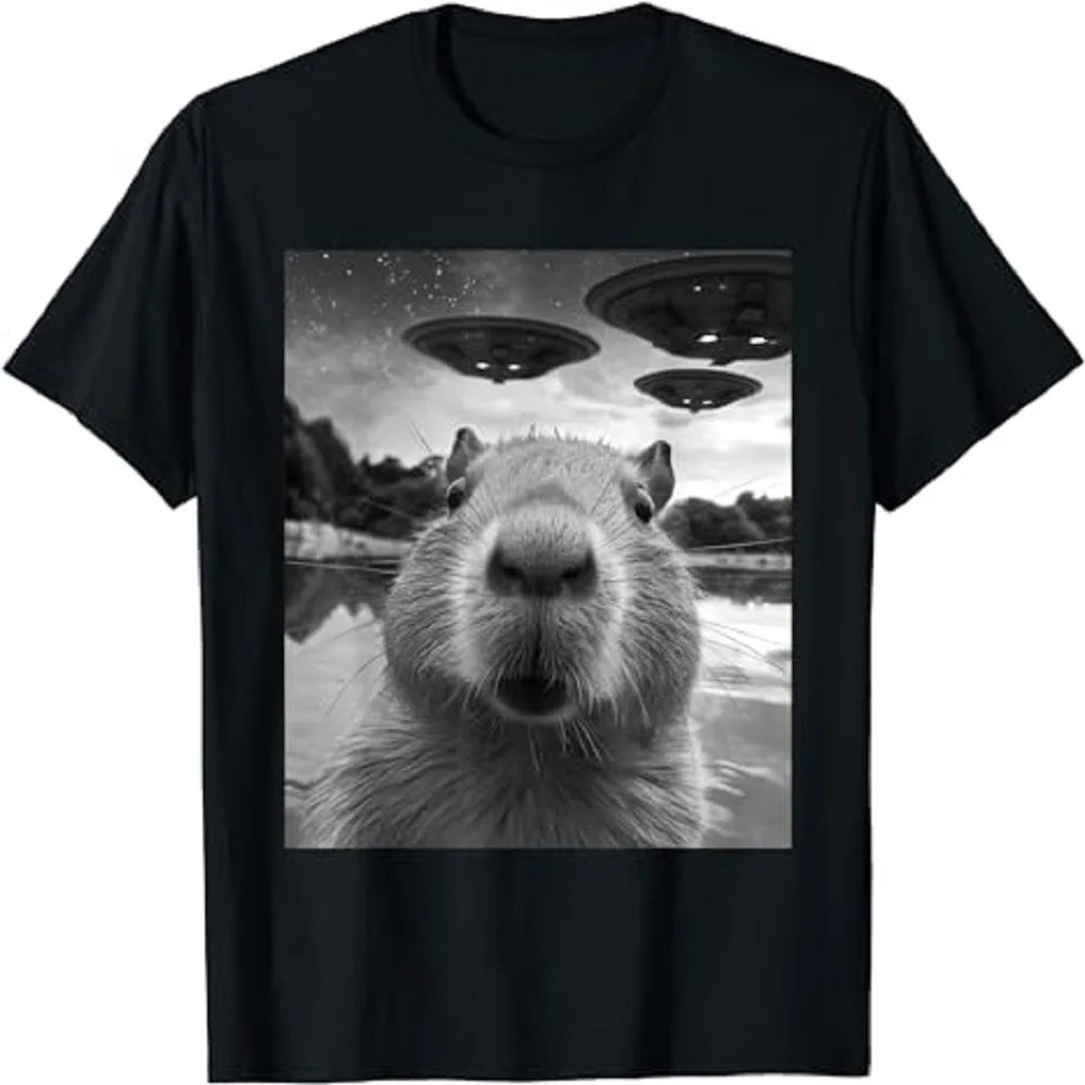 Funny Graphic Tee Capybara Selfie with Ufos Weird T-Shirt 80154