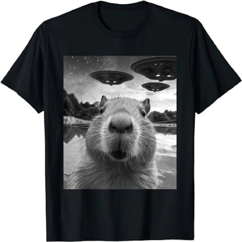 Funny Graphic Tee Capybara Selfie with Ufos Weird T-Shirt 80154